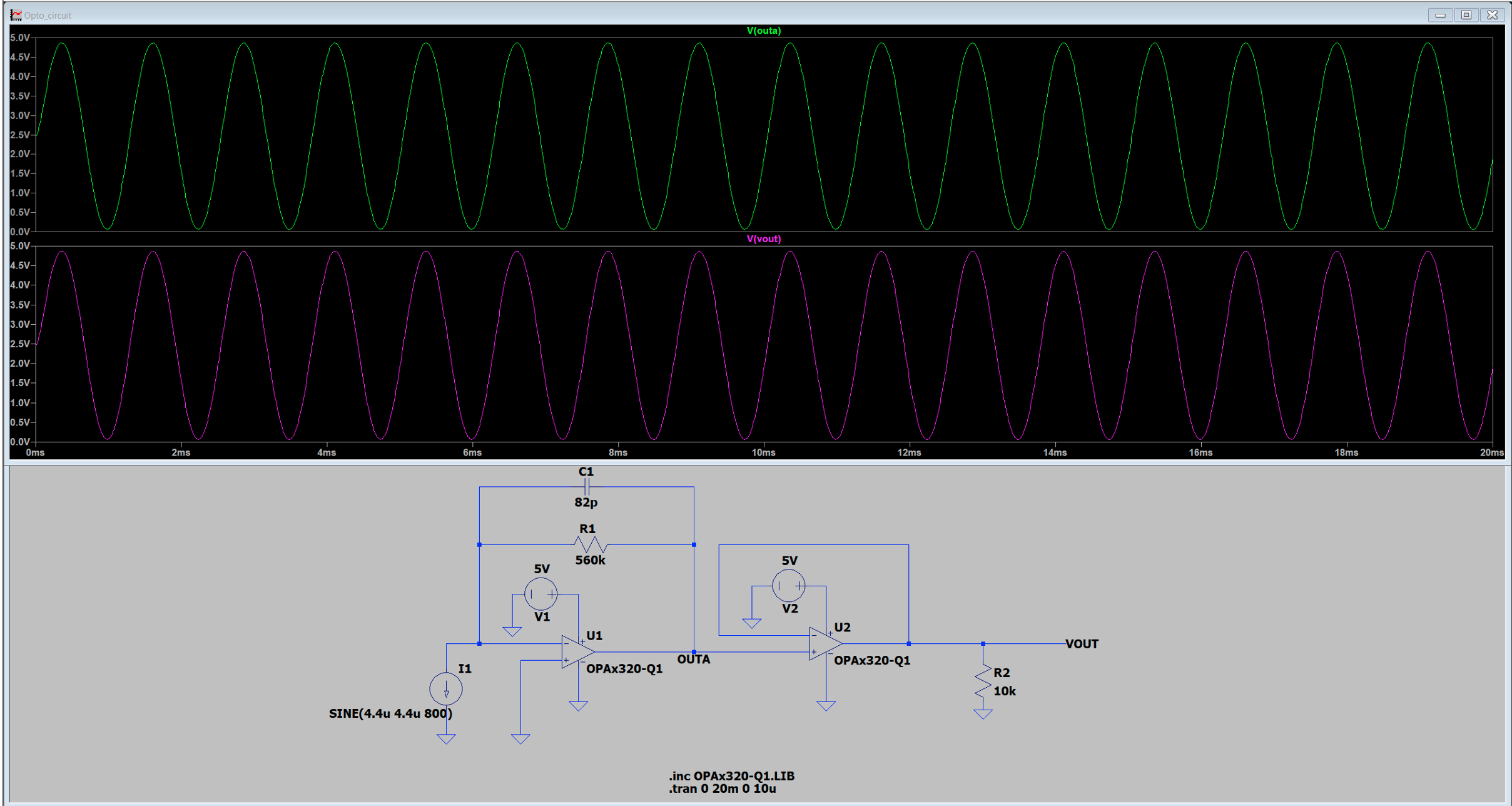 Photodiode signal conditioning simulation showing 0 to 5 V swing