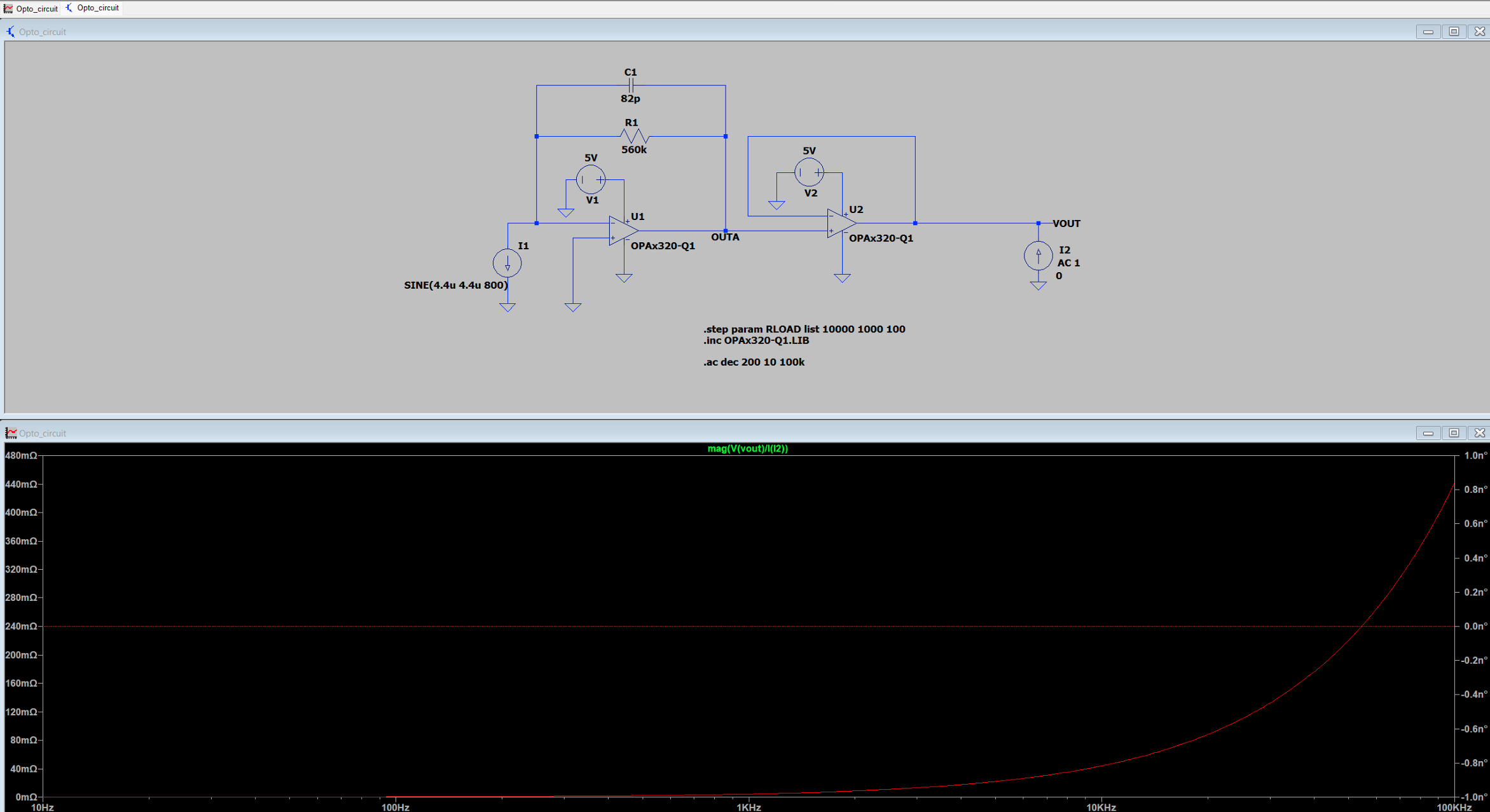 Photodiode signal conditioning simulation showing output impedance