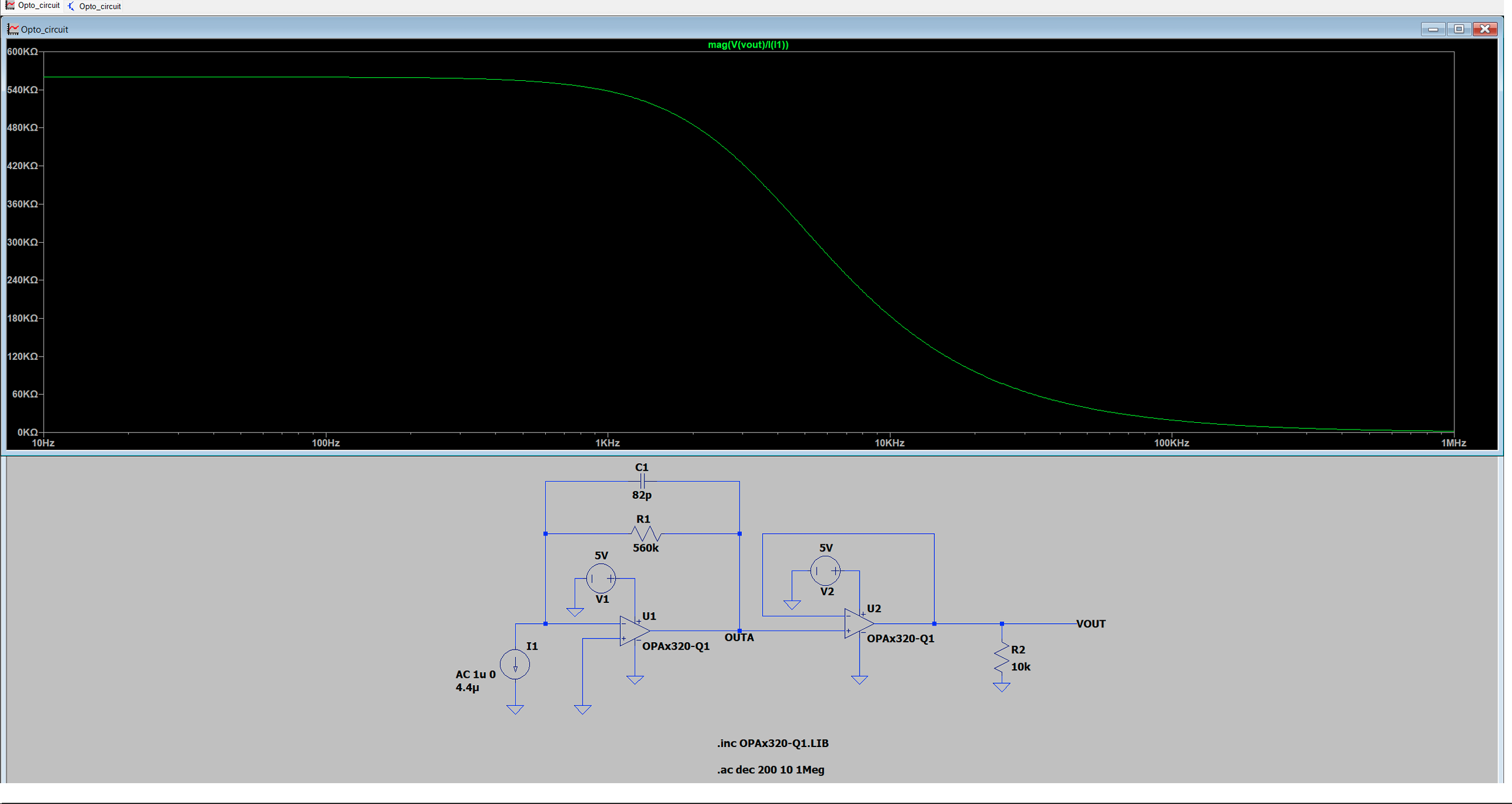 Photodiode signal conditioning simulation showing noise rejection