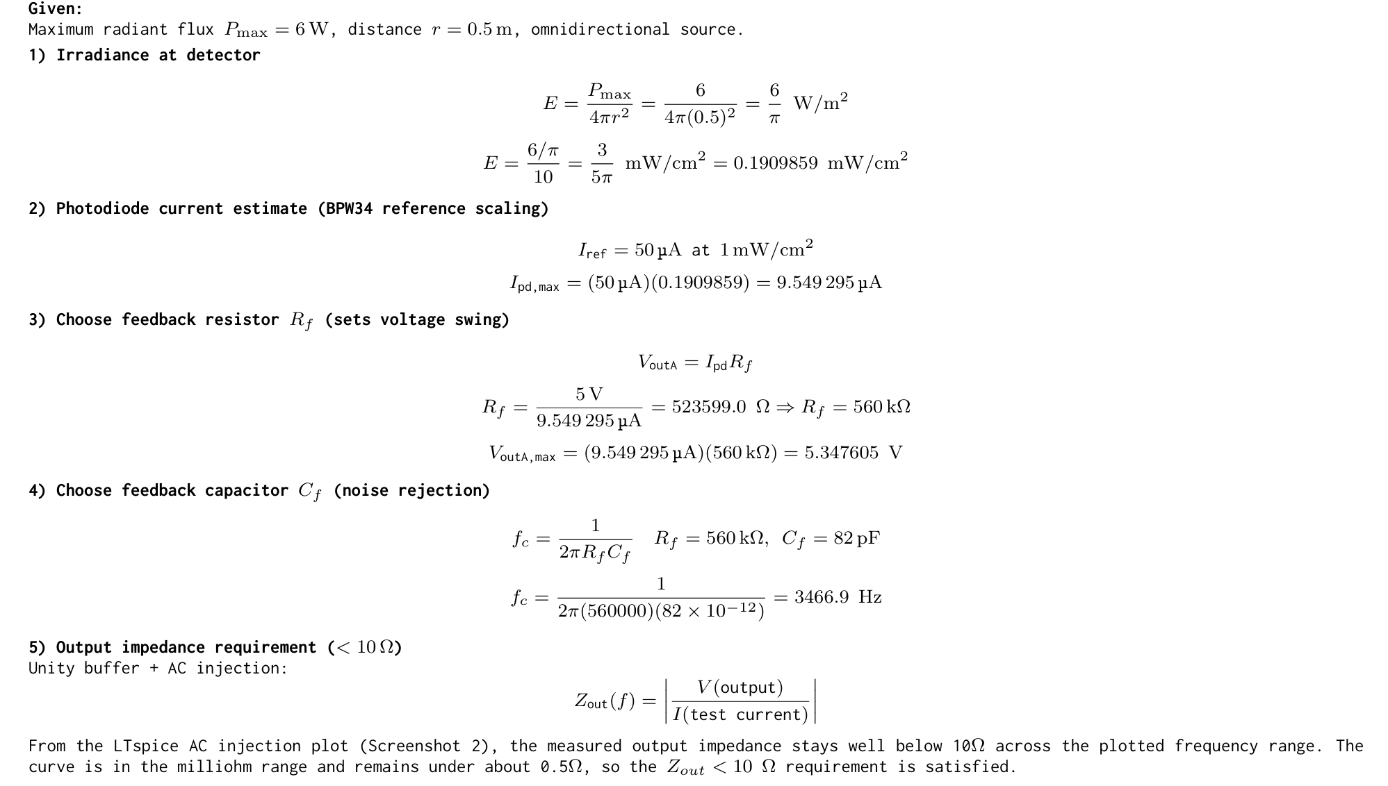 Photodiode signal conditioning design calculations